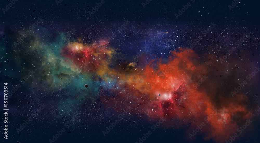 Wall mural space illustration with a color glow