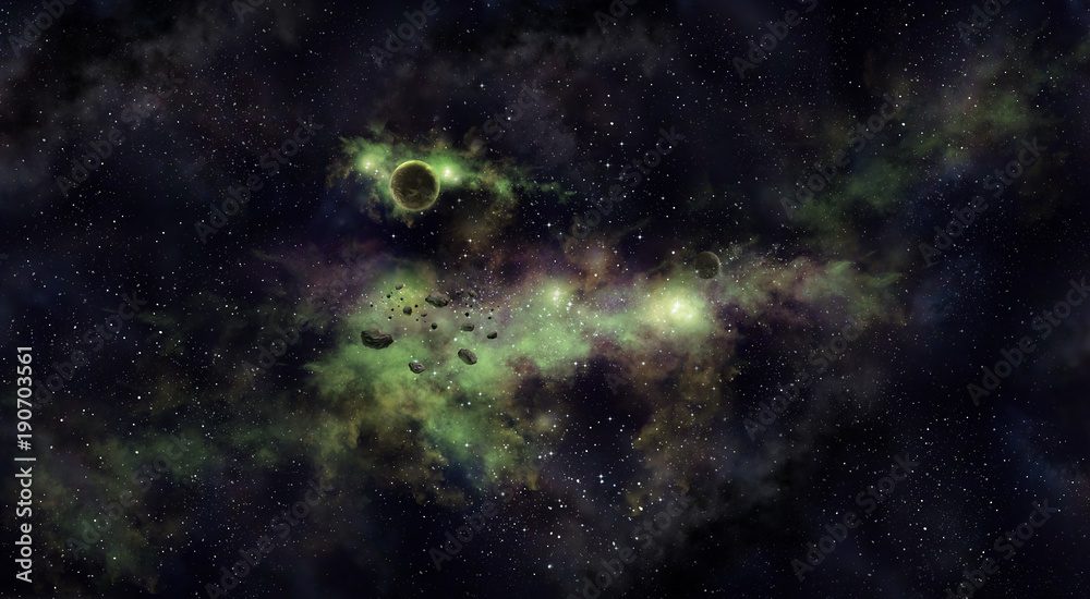 Wall mural space illustration with a green glow and a planet