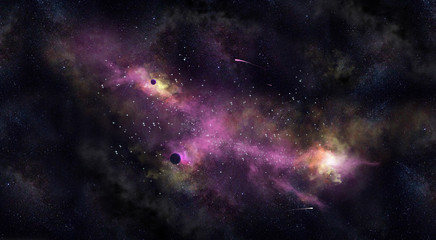 Space illustration with a purple glow and planets