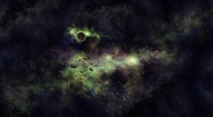 Space illustration with a green glow and a planet