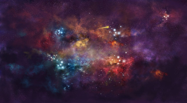 Space illustration with cosmic color glow and planets