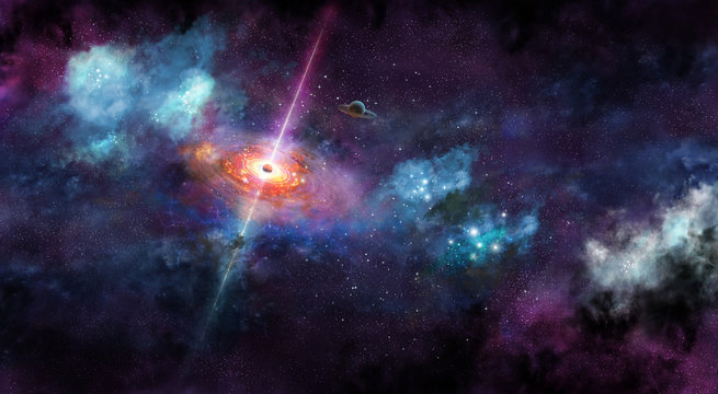 Space illustration with cosmic glow and swirl and planets