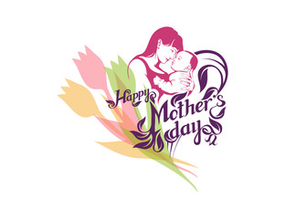 Happy Mother's day Lettering. Silhouette of a mother and her child. Mother's day greeting card. Maternal love for Her Baby.