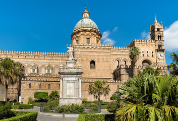 Fototapeta na wymiar View of Palermo Cathedral with Santa Rosalia statue, Sicily, Italy