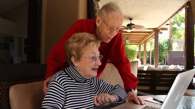Happy elderly couple on computer