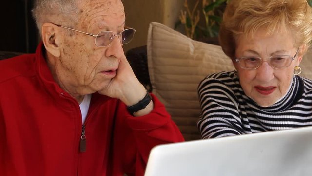 Concerned elderly couple on computer