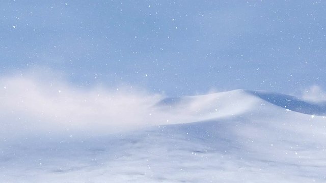 Snowy arctic desert land at heavy snowfall or snowstorm with snow drifting along the snow slopes. Winter landscape natural background realistic 3D animation rendered in 4K