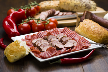 a plate of sliced cold meats