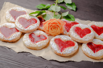 homemade cookies in the shape of heart,biscuits homemade festive,St. Valentine's Day,Valentine's Day,The 14th of February,March 8,International Women's Day on March 8,homemade baking,biscuits with alm