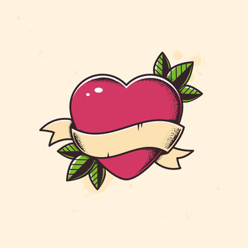 Heart with blank banner tattoo vector illustration 