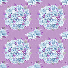 Fototapeta premium Blue roses bouquets. Watercolor illustration. Seamless pattern design paper.