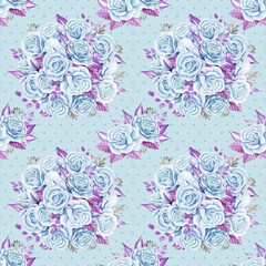 Blue roses bouquets. Watercolor illustration. Seamless pattern design paper.