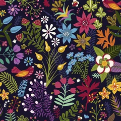 Deurstickers Vector naadloos patroon met gestileerde bloemen en planten. Helder botanisch behang. Veel kleurrijke bloemen op de donkere achtergrond © sunny_lion
