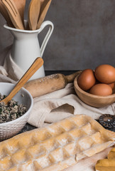 View of the preparation of homemade stuffed ravioli.