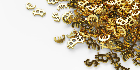 Many golden dollar, euro, bitcoin symbols on the white background. 3d rendering