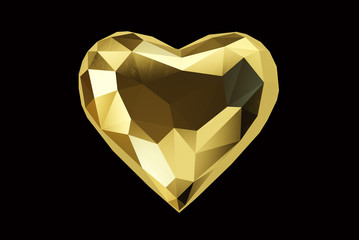 Golden heart isolated on a black background, clipping path included. 3d illustration