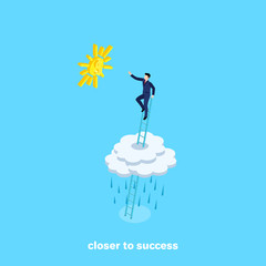 the man in a business suit climbed the stairs above the clouds and stretched toward the sun, an isometric image
