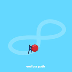 a man in a business suit is rolling a big red ball on the sign of infinity, isometric image