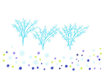 Colorful hand drawn abstract view of blue trees and flowers on white background, isolated cartoon illustration of spring trees painted by pen, high quality