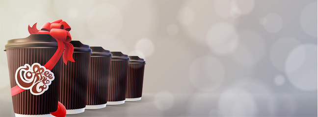 Coffee to Go. Ripple Cups with Gift Cup. Bokeh Cappuccino Background