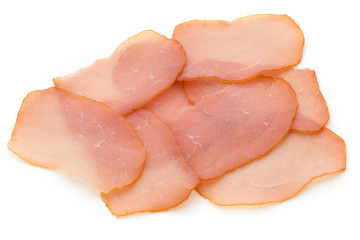 Sliced boiled ham sausage isolated on white background, top view.