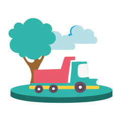 colorful dump truck in the city with clouds and tree