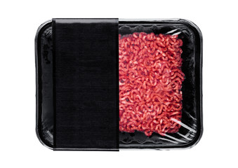 Plastic tray with raw fresh beef minced meat