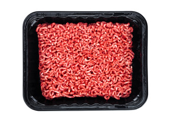 Plastic tray with raw fresh beef minced meat