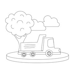 dotted shape dump truck in the city with clouds and tree