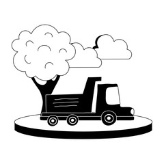 silhouette dump truck in the city with clouds and tree