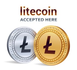 Litecoin. Accepted sign emblem. Crypto currency. Golden and silver coins with Litecoin symbol isolated on white background. 3D isometric Physical coins with text Accepted Here. Vector illustration.