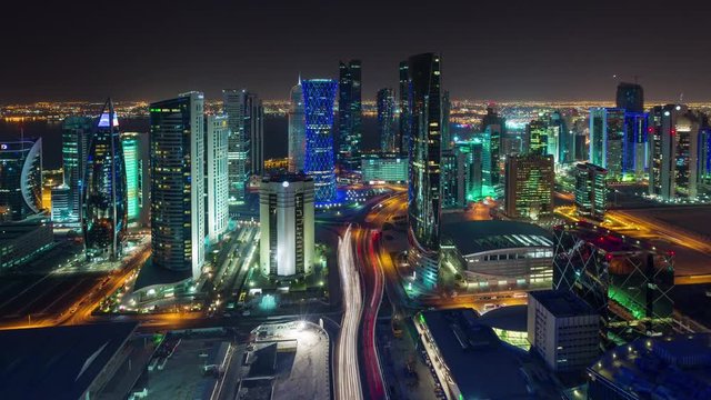 Doha skyline timelapse video night lights skycreapers downtown Qatar, Middle East