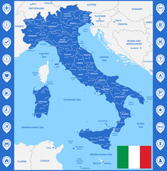 The detailed map of the Italy with regions or states and cities, capital. With sea objects and islands. And parts of neighboring countries. Italian National flag