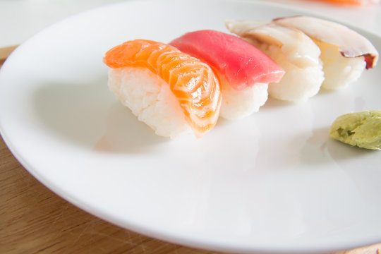 Sushi set on white plate. Janpan food
