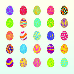 Easter eggs set. Colorful holiday patterns. Realistic Easter eggs. 3D. Vector background. Spring holiday ornament.Decorative collection on artistic background. Vintage vector design illustration.