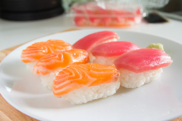 Sushi set on white plate. Janpan food