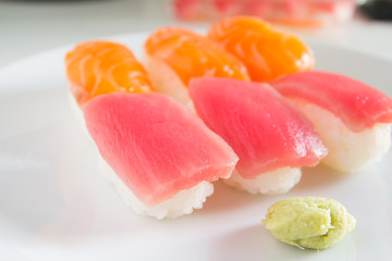 Sushi set on white plate. Janpan food