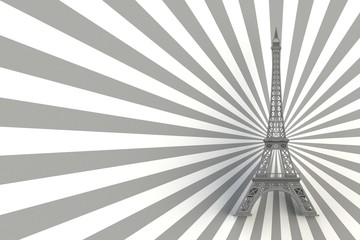 Gray eiffel tower on striped gray background, 3D rendering