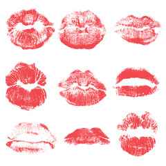 Set of lips or lip shaped women kiss print. Valentines or mother's day design element. 8 March Women's Day or love, sex, symbols. Girl kisses lips stain isolated on background. Vector.