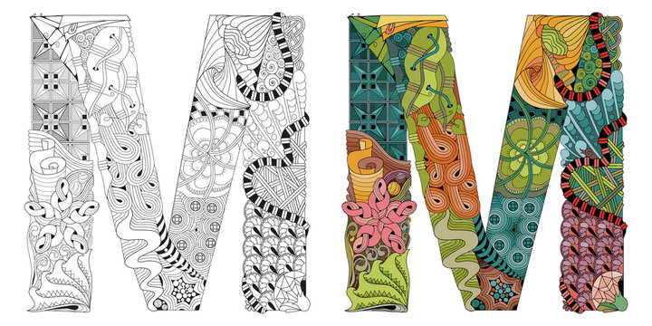 Letter M zentangle for coloring. Vector decorative object