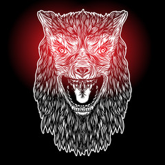 Fototapeta premium Head of roaring wolf or werewolf. T-shirt print Halloween concept. Blackwork adult tattoo flash line style Vector.