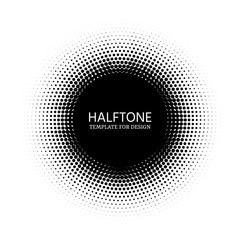 Halftone circle template for design. Stipple vector texture round gradient with dots. Comic dark distribution circles background for text.
