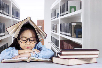Clever girl reading a book in the library