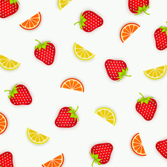 Colorful pattern of strawberry, orange and lemon. Abstract image of fruit, minimalistic style. Top view. Summer food concept. Vector illustration