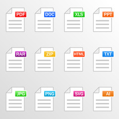 Document files. Icon set. File formats - pdf, doc, xls, ppt, rar, zip, html, txt, jpg, png, svg, ai. Vector