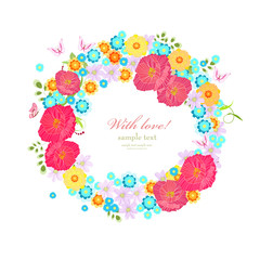 colorful wreath with meadow flowers and butterflies for your des