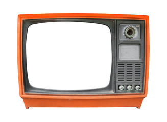 Retro television - old vintage TV with frame screen isolate on white with clipping path for object,...