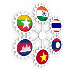 Mekong Ganga cooperation. Politic and economic union members flags on cog wheels. Global teamwork. 3D rendering