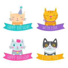 Set of cute cartoon cats on white background.Vector illustration with hand drawn lettering for wedding, birthday and other design.