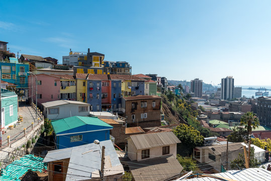 View over the colorful houses of Valparaiso in Chile to the Pacific Ocean